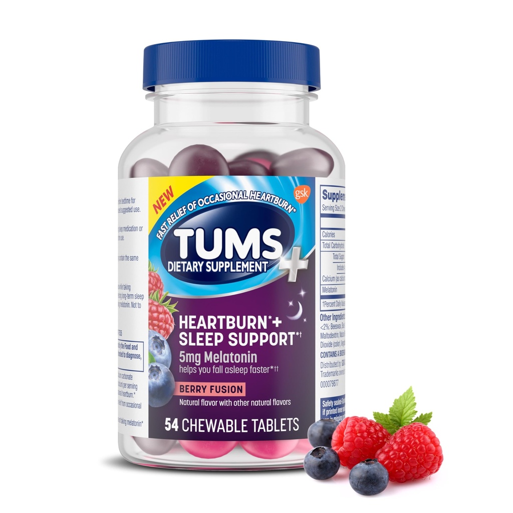 TUMS Sodbrennen Plus Schlafunterstützung Kaubare Nahrungsergänzungsmittel Tabletten für gelegentliche Sodbrennen Relief Plus Schlafunterstützung, Berry Fusion - 54 Count