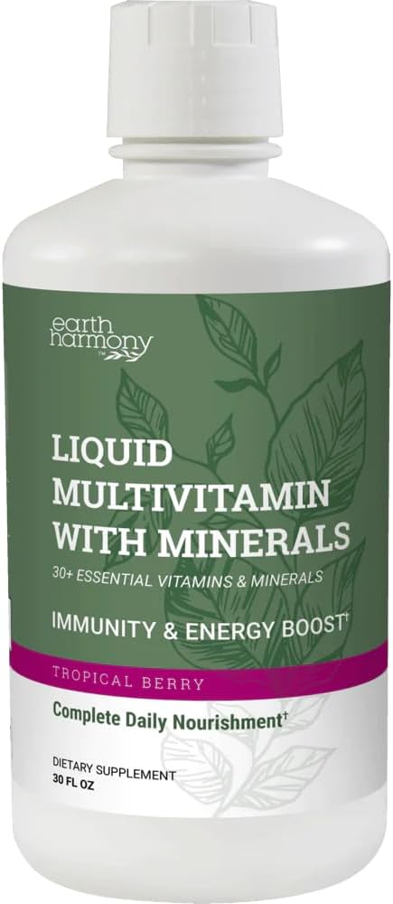 Earth Harmony Liquid Multivitamine für Damen und Herren (Tropical Berry Flavor) - 30+ Flüssige Vitamine, Mineralien & Bio Antioxidans Blend - Morning Multivitamin für Immununterstützung und Energie - 32 Fl Oz