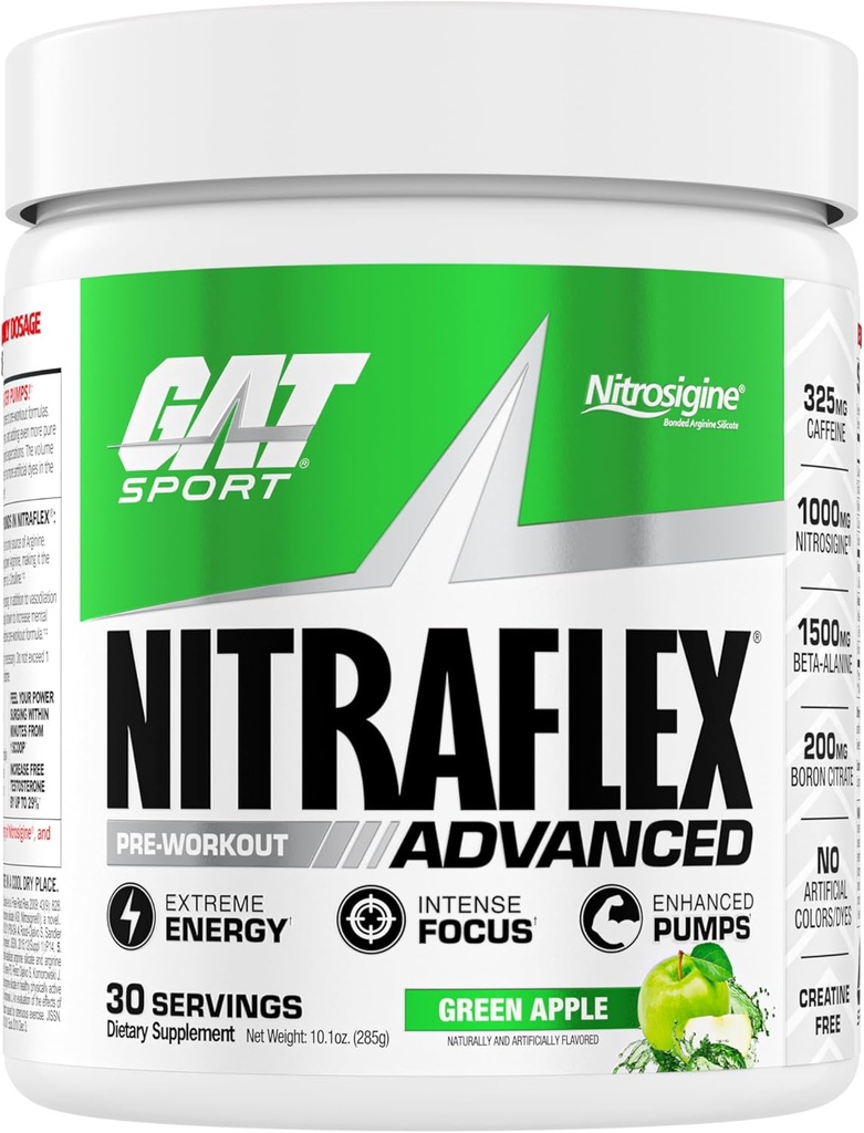 GAT SPORT Nitraflex Poudre pré-entraînement avancée, augmente le débit sanguin, stimule la force et l'énergie, améliore la performance de l'exercice, sans créatine (Pomme verte, 30 portions)