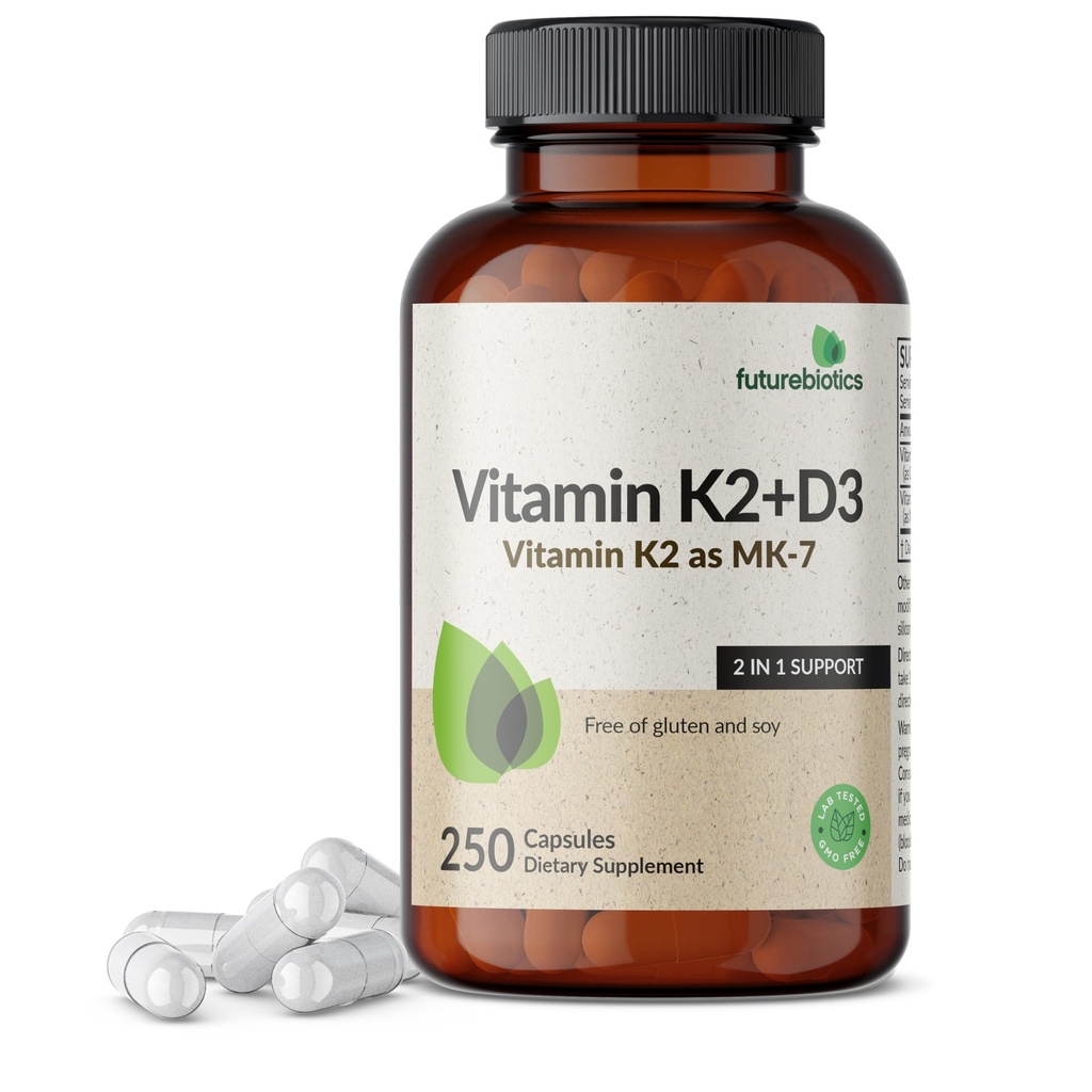 Futurebiotics Vitamin K2 (MK7) mit D3 Supplement - Non-GMO Formel - 5000 IU Vitamin D3 & 90 mcg Vitamin K2 MK-7, 250 vegetarische Kapseln