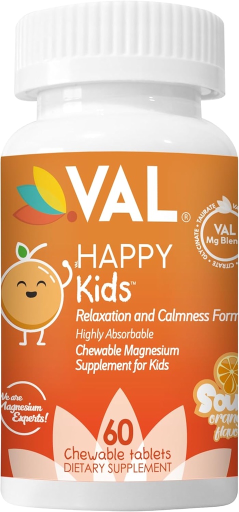 VAL Kids Magnesium | Calm + Focus Formel | 100mg Mg (Glycinate, Citrate, Taurate) + B6, D3, C | Sugar-Free, Non-GMO | Fun Chewable Tablets | Orange Flavor | 60 Ct