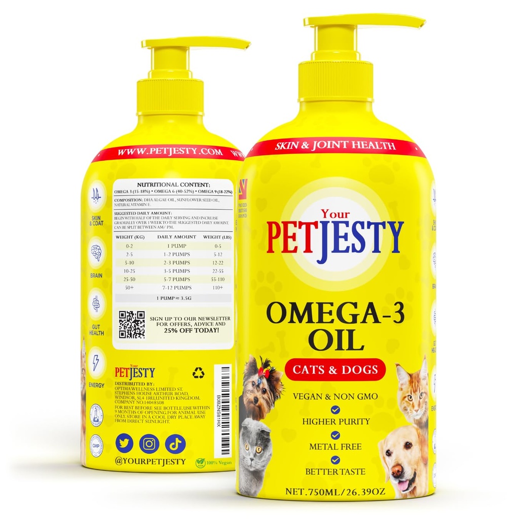 PetJesty Pure Omega 3 Huile pour chiens et chats 26.39oz - Omega 3 Skin & Coat Support- Complément alimentaire liquide pour animaux de compagnie - Vegan animal + DHA pour la fonction articulaire, immunitaire et santé du coeur, non poisson huile chien et chat