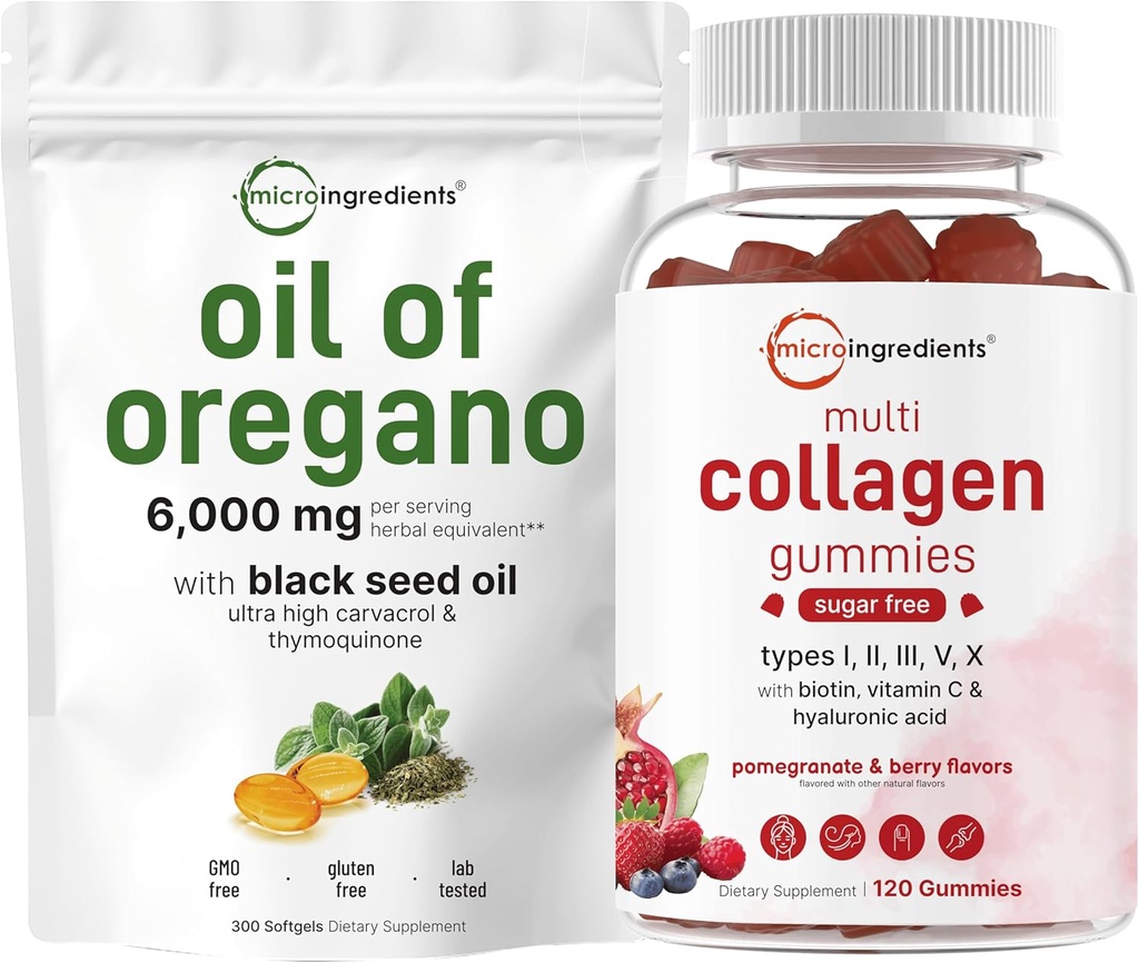 Micro Ingredients Öl von Oregano Softgels 6,000mg pro Servieren & Multi Collagen Peptide Gummis Bundle Pack | 4X Strength Carvacrol & Thymoquinon | Typ I,II,III,V,X Protein