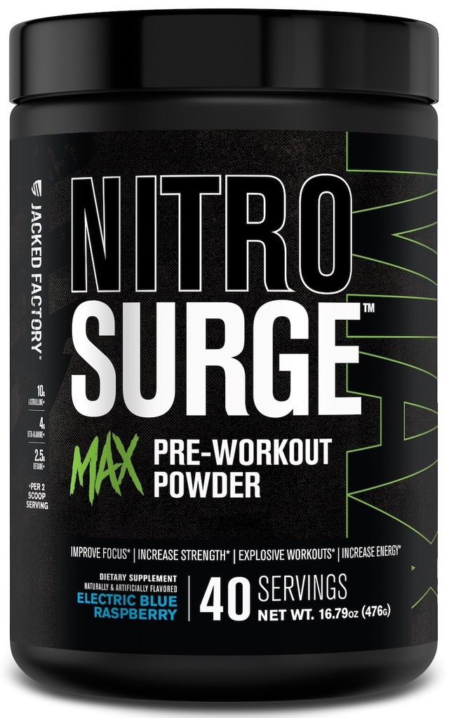 Jacked Factory Nitrosurge Max High Performance Pre Workout Powder - Pre Workout w/Nootropic Zutaten für intensiven Fokus, Pumpen, glatte Energie, Ausdauer - 40 Servierungen, elektrisch blau Raspberry