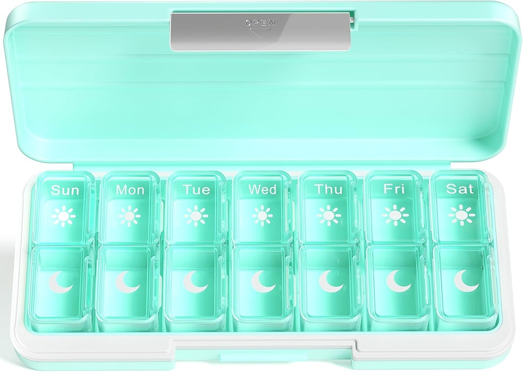 Zoksi Am Pm Pill Organizer 7 Tage, Wöchentliche Pille Box 2 Mal pro Tag, Medizin Pill Organizer mit separatem Kompartment, Reise Pillen Fallspender Portable für Vitamine, Fischöle, Medikamente(Grün)