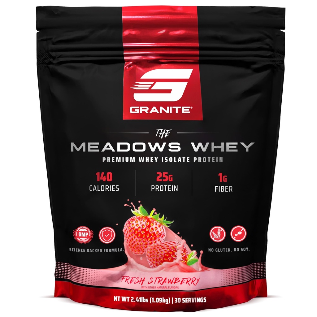 Granit-Ergänzungen Die Meadows Whey Protein Isolate Protein Pulver für Lean Muscle mit 150 Kalorien, 2g Fiber, 1g Zucker (30 Servierungen), Frische Erdbeer-Flaschen