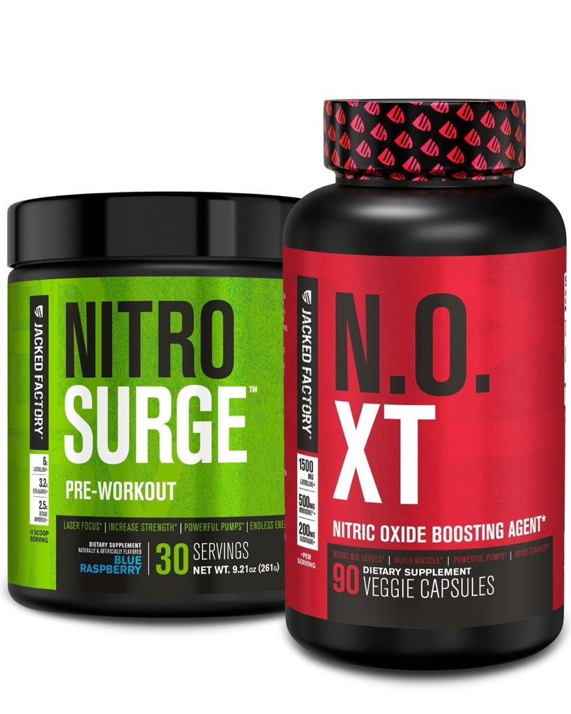 Jacked Factory Nitrosurge PreWorkout in Blue Raspberry & N.O. XT Nitric Oxid Booster für Männer & Frauen
