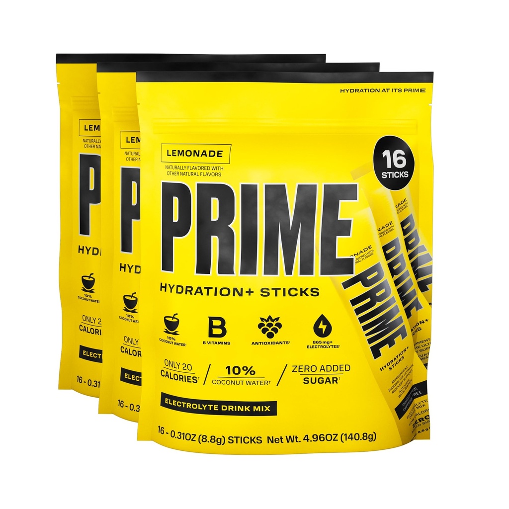 PRIME HYDRATION+ Sticks Lemonade | Hydration Pulver Einzelne Serviersticks | Elektrolytpulver auf dem Go | 250mg BCAAs, B Vitamine, Antioxidantien | Niedriger Zucker | Koffeinfrei | Vegan | 48 Sticks
