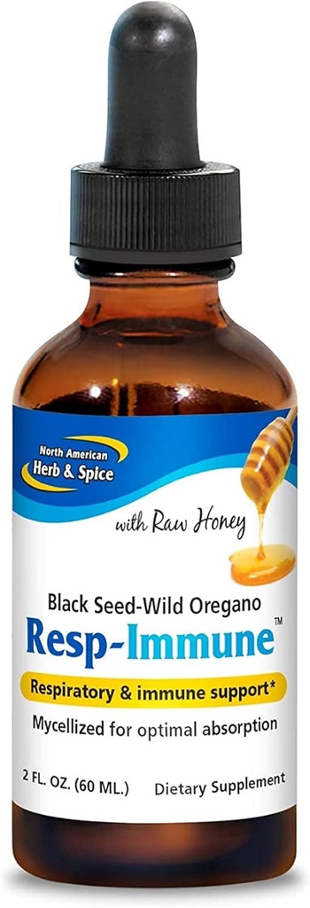 NORTH AMERICAN HERB & SPICE Resp-Immune - 2 Unzen - Atem- und Immununterstützung - Schwarzer Seed, Oregano P73 Öl- und Rohhonig - Mycellized for Optimal Absorption - Non-GMO - 39 Servierungen