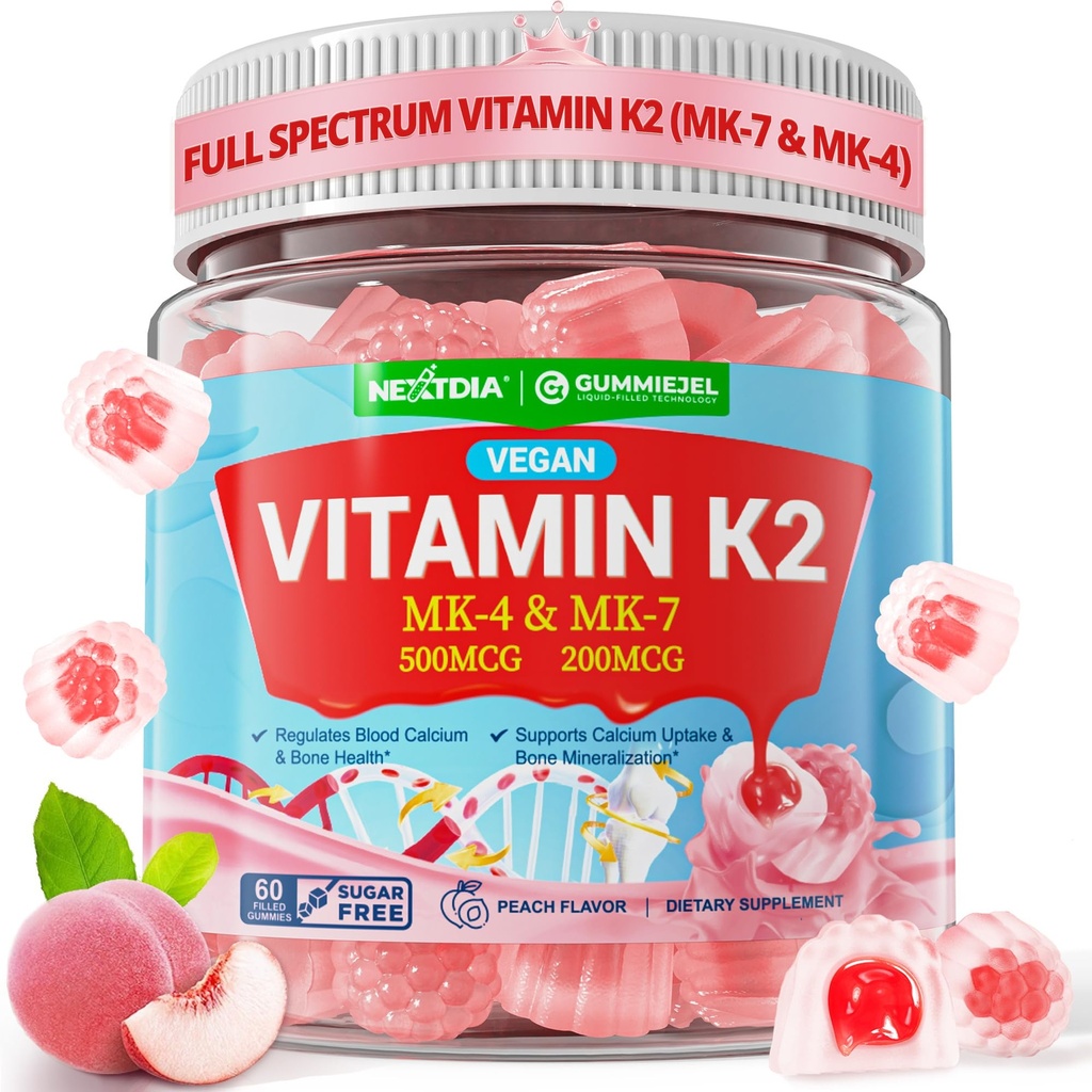 Vitamine K2 Gummies MK-7 200 mcg & MK-4 500 mcg pour les femmes et les hommes sans sucre, 2-IN-1 parfait supplément complet de vitamine K2 pour os, art, favorise l'absorption de calcium, cerveau, dents, immune, 1paquet