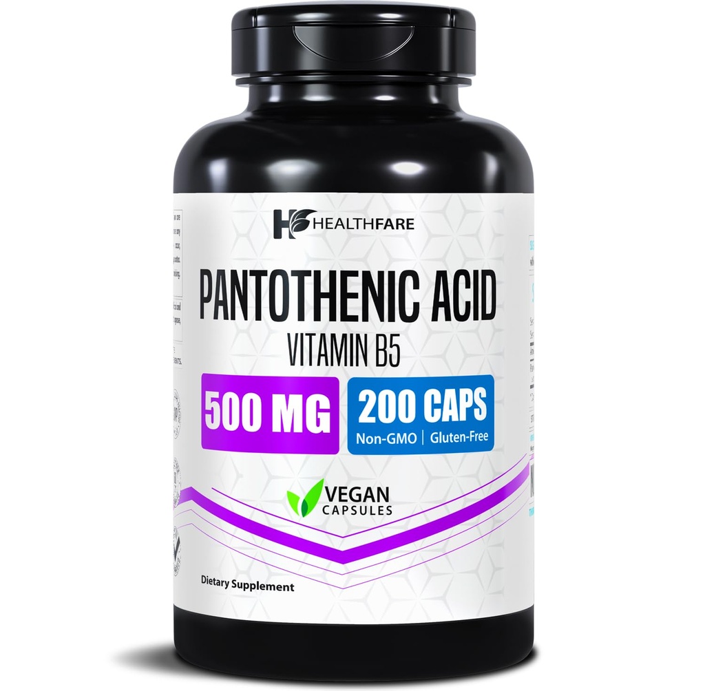 Healthfare Pantothensäure 500mg Vitamin B5 Ergänzung | 200 Vegan Kapseln | Extra Strength Energy & Metabolism Unterstützung | Non-GMO, Gluten-Free | Made in USA