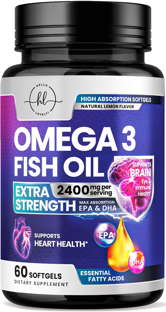 Omega 3 Fish Oil Supplements 2400mg - Dreifache Stärke Omega 3 Fettsäuren, Natürliche Herz-Gesundheit Gehirn & Gelenk Unterstützung - Fettsäuren mit EPA & DHA - Wild Caught Fish Oil Supplement - 60 Softgels