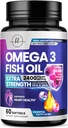 Omega 3 Suppléments d'huile de poisson 2400mg - Triple force Omega 3 Acides gras, Santé du coeur naturel Cerveau et soutien articulaire - Acides gras avec EPA et DHA - Supplément d'huile de poisson capturé sauvage - 60 Softgels