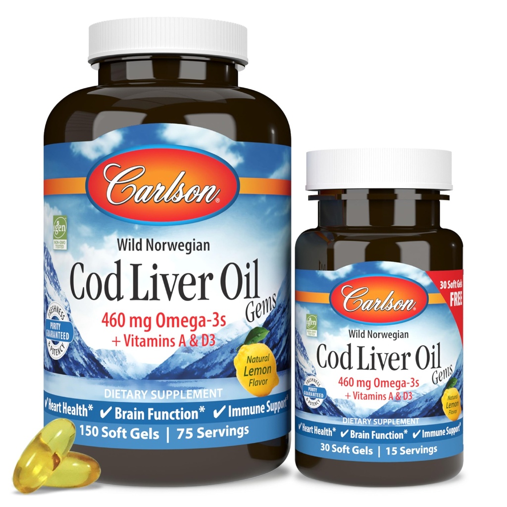 Carlson - Cod Liver Oil Gems, 460 mg Omega-3s, Plus Vitamine A und D3, Wild Caught Norwegian Arctic Cod, Sustainable Sourced Nordic Fish Oil Capsules, Lemon, 150 + 30 Softgels