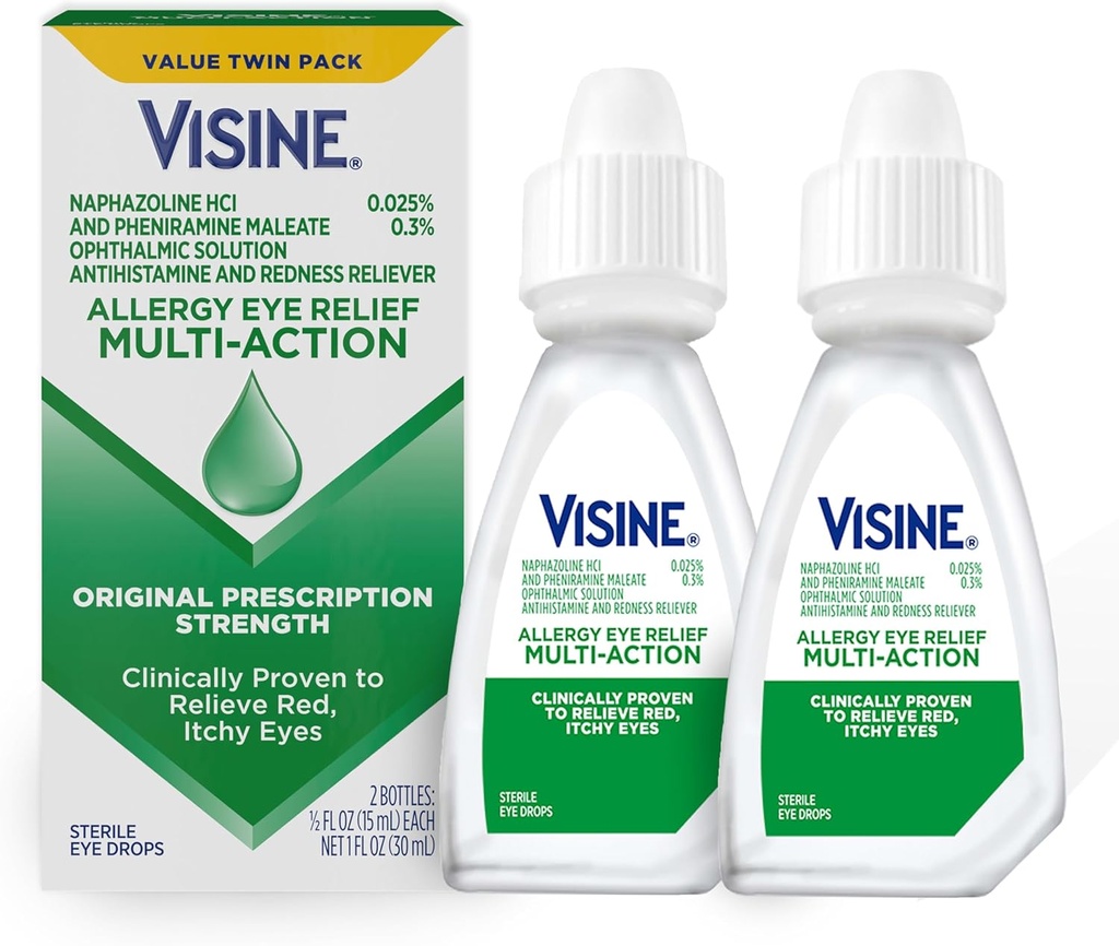 Visine Allergy Eye Relief Multi-Action Antihistamin & Redness Reliever Eye Drops mit Pheniramine Maleate & Naphazolin HCl, Augentropfenbehandlung für Rot, Juckreiz, Allergy Eyes, 0.5 fl. oz, 2 Pack
