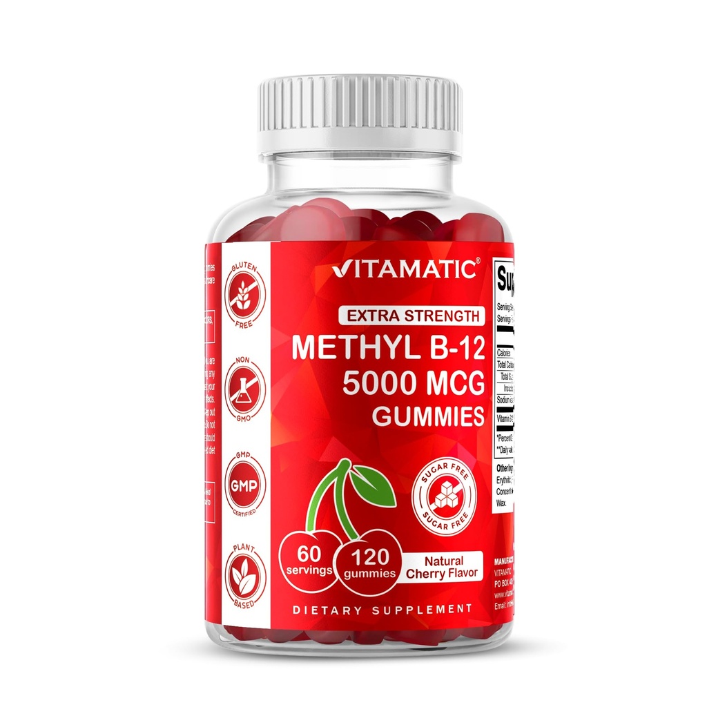 Vitamatique Extra Strength Vitamine B12 5000 mcg (Methyl B12) Gommies - 120 Compte - Soutien du métabolisme de l'énergie et de la santé du système nerveux, Saveur de cerise naturelle (1)