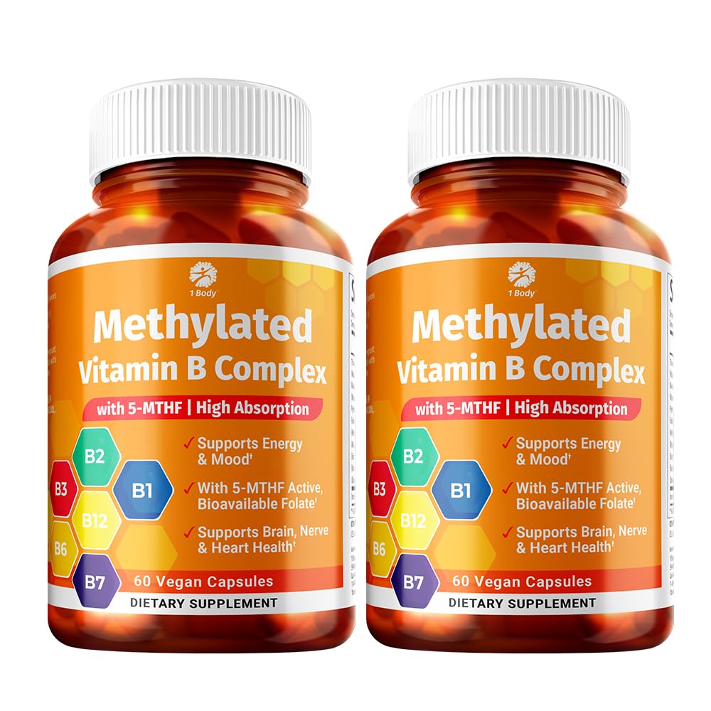 1 Body Vitamin B Complex Twin Pack – 5-MTHF Folate mit B1, B2, B5, B6, Methyl B12, Niacin, Biotin – 60 Kapseln