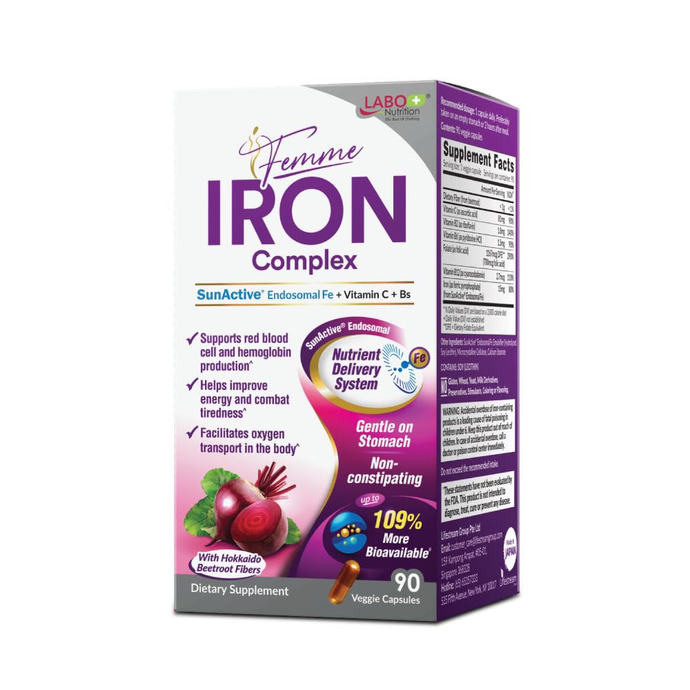 LABO Nutrition Femme Iron Endosomal SunActive, Non-Irritating 15mg Eisen-Ergänzung für Blood Builder, Vegan, Gentle, Kein metallischer Nachgeschmack, Non Constipating, Ideal für empfindliche Stomachs, 90 Count