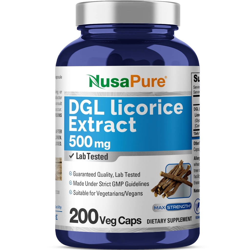 NusaPure DGL Extrait de réglisse 500 mg 200 Capsules de légumes (Vegan, non-OGM)