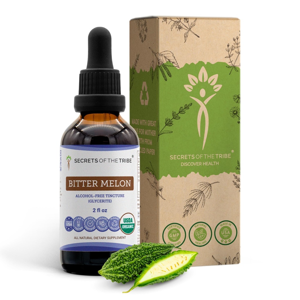 Secrets of the Tribe Bitter Melon USDA Organic | Alkoholfreier Extrakt, hochkarätige Kräutertropfen | Hergestellt aus 100% Certified Organic Bitter Melon (Momordica Charantia) Getrocknete Frucht 2 OZ