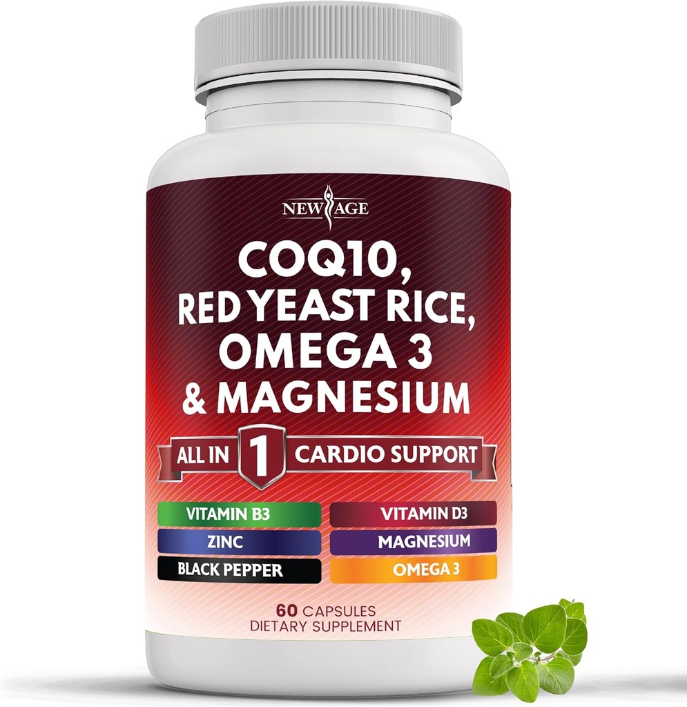 NEU AGE COQ10 200mg Red Yeast Rice, Omega 3, Magnesium Complex, Zink Vitamin K2 D3 - Herzgesundheitsunterstützung Vitamine für Frauen und Männer mit Vitamin B3, Coenzym Q10-60 Count