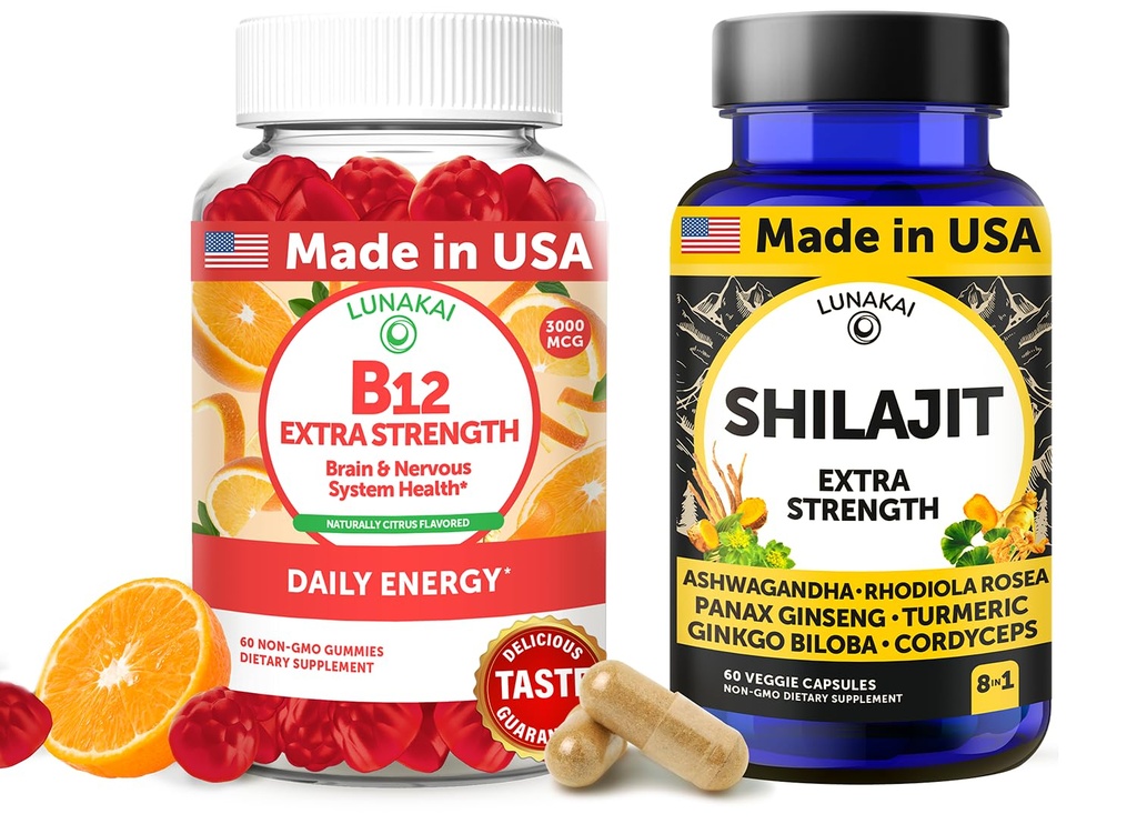 Lunakai USA Made B12 Gummi & Shilajit Kapseln Bundle – Extra Strength Daily Energy & Wellness Support