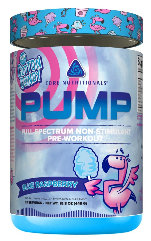 Core Nutritionals Pump Full-Spectrum Non-Stimulant Pre-Workout, mit N03T Nitrate, Peak02, Alpha GPC, für maximale Pumpe, Stärke und Leistung 20 Portionen (Fun Sweets Cotton CandyTM Blue Raspberry)