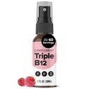 Ergänzung Vegan Vitamin Triple B12 Flüssigkeitsspray- 1500 mcg Blend (60 Servierungen) Himbeere Geschmacksverbesserte Absorption, Energie, Stimmung, Nervous System, Kognitive Funktion für Kinder & Erwachsene