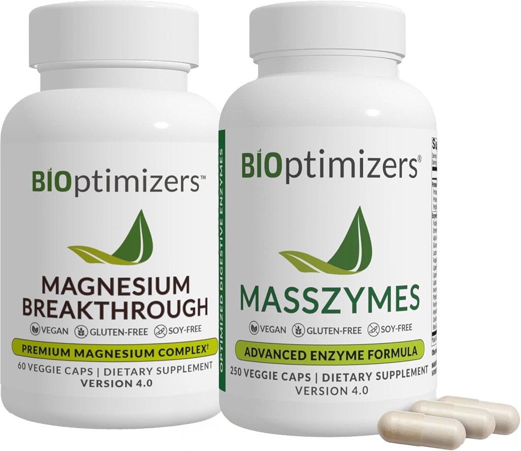 BiOptimizers Magnesium Breakthrough 4.0, (60 Kapseln) & MassZymes 4.0, (250 Kapseln) - Natural Sleep, Brain und Digestive Health Support Supplement Bundle