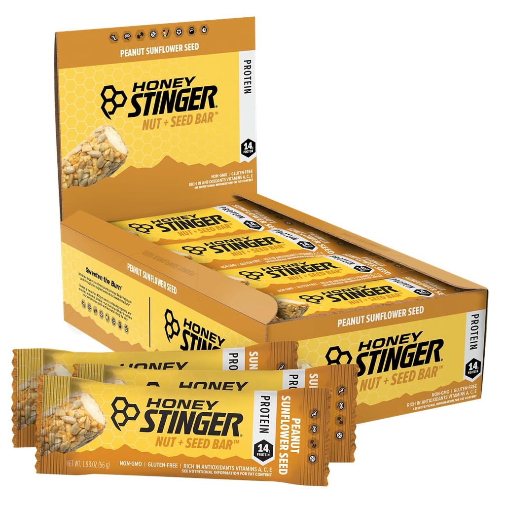 Honey Stinger Nut + Seed Bar, Peanut Sunflower Seed, Protein Packed Food for Exercise, Endurance, Performance and Recovery, Sports Nutrition Snack Bar for Home & Gym, Post Workout, Box of 12