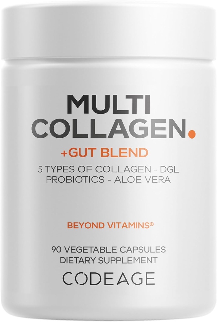 Codeage Multi Collagen + Gut Blend Supplement - Digestive Probiotics, DGL Licorice, Aloe Vera, Organic Peppermint Leaf, Slippery Elm - Hydrolyzed Bovine Collagen Pillen - Non-GMO - 90 Kapseln