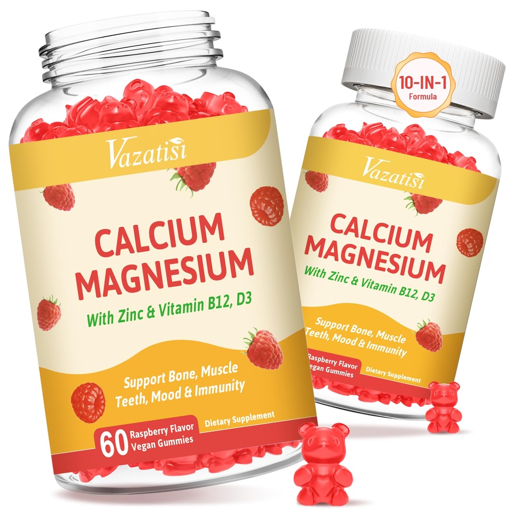 2 Pack Kalziumgummis mit Magnesium, Zink, Vitamin D3 & B12, Kalzium Ergänzungen für Frauen Männer, Unterstützung Knochen, Muskel und Immunität, 120 Vegan Himbeer Flavor Gummies