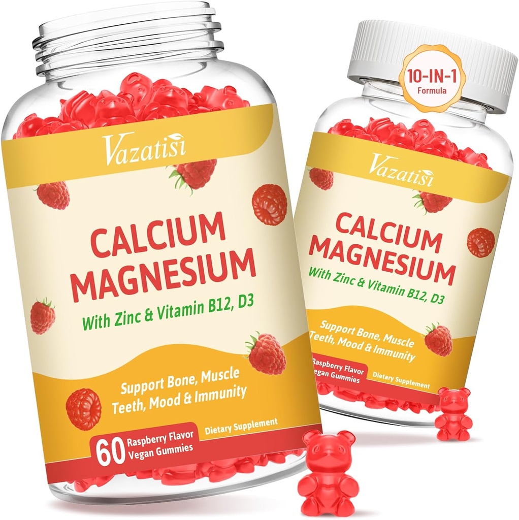 2 Pack Kalziumgummis mit Magnesium, Zink, Vitamin D3 & B12, Kalzium Ergänzungen für Frauen Männer, Unterstützung Knochen, Muskel und Immunität, 120 Vegan Himbeer Flavor Gummies