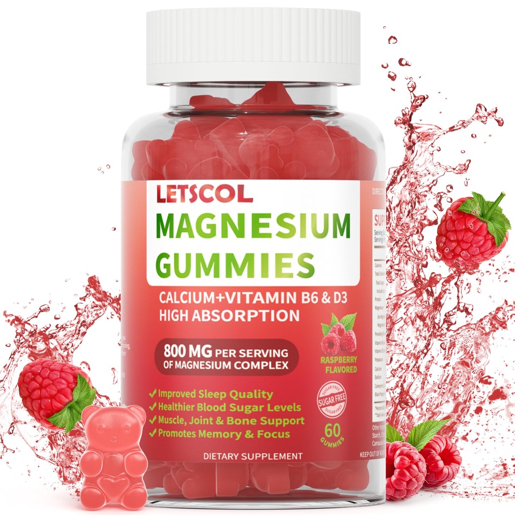 Magnesium Glycinate Gummies 800mg pro Servierung, Zuckerfreie Magnesiumergänzung mit Magnesium Malat, Kalzium, Vitamin D3, B6, CoQ10 für ruhige Unterstützung und Schlaf für Erwachsene Kinder