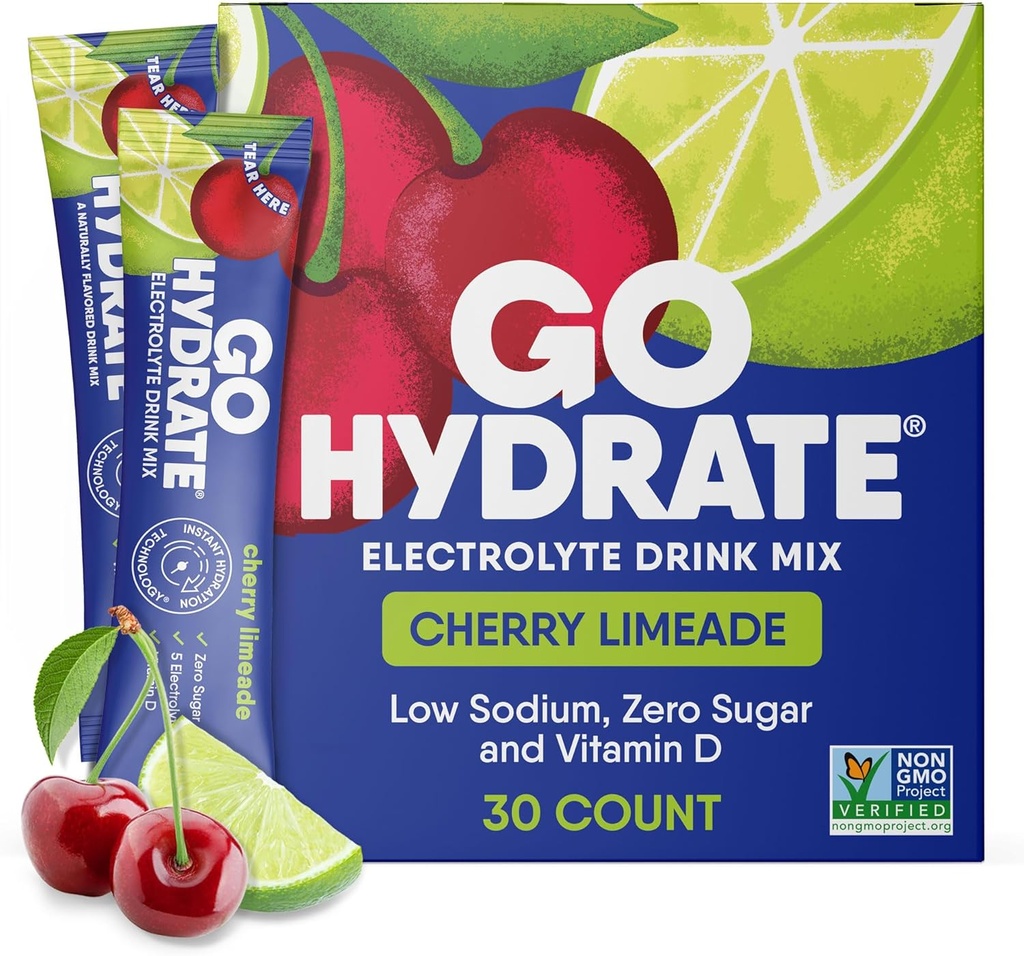 GoHydrate Low-Natrium-Elektrolyten Pulver-Packets Sugar Free - Instant Hydration Daily Drink Mix - Zero Sugar Water Flavor Packet Singles mit Vitamin D - (Cherry Limeade, 30 Packs)