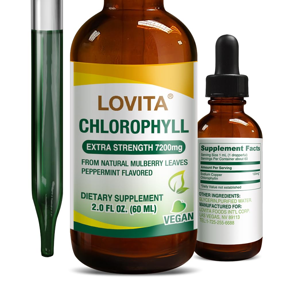 Lovita Chlorophyll Flüssigkeitstropfen, Hohe Potenz 120 mg/mL, 7.200 mg pro Flasche, natürliche Energie Booster & Immununterstützung, interner Deodorant, Hautgesundheit, Vegan & Non-GMO, Mint Flavor, 60 Servierungen 2 Oz