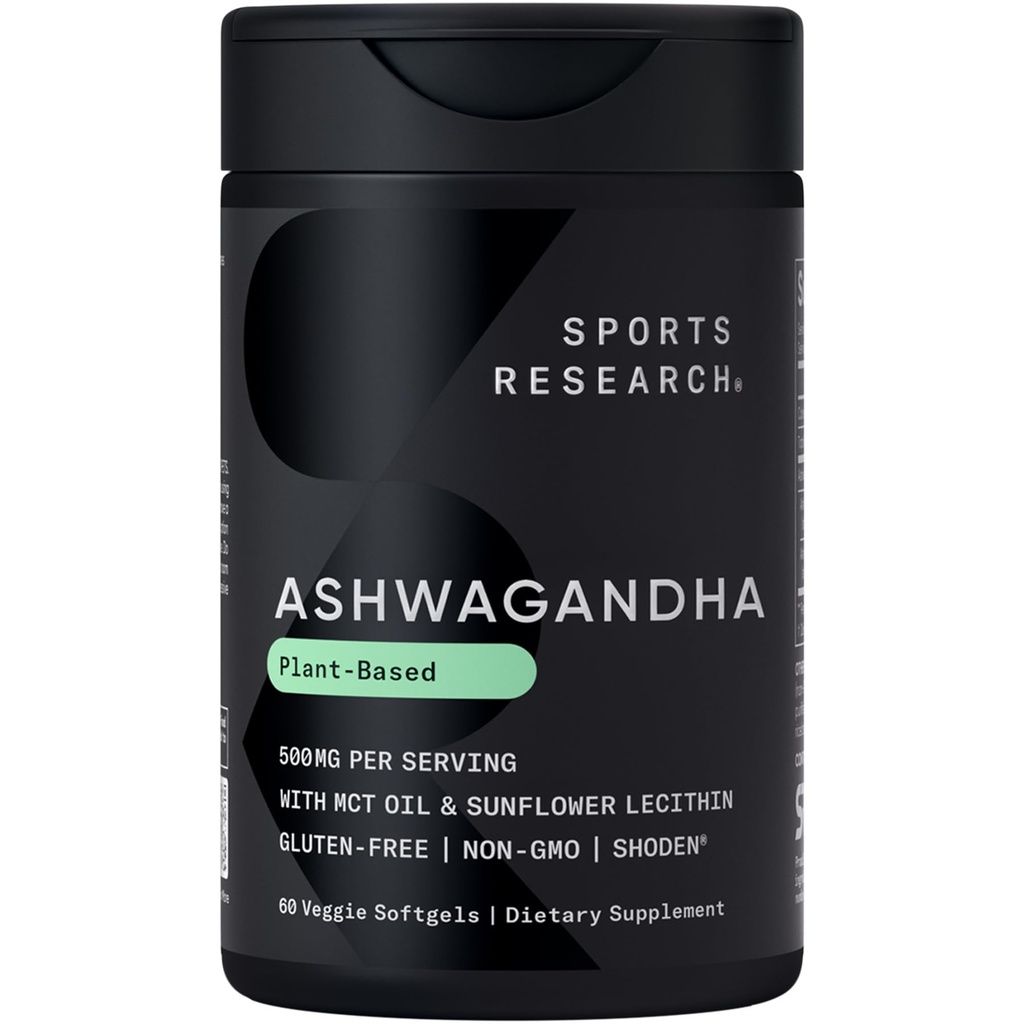 Sports Research® Ashwagandha Softgels mit Kokosnuss-MCT-Öl - Natural Adaptogen Made with Shoden® Ashwa for Relaxation, Calm & Sleep Support - Gluten Free & Vegan Friendly - 60 Count