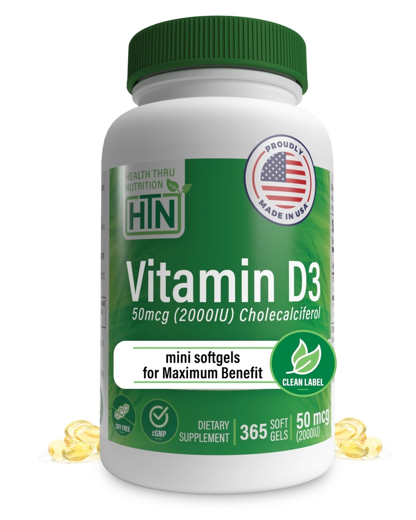 Gesundheit Thru Nutrition Vitamin D3 2000iu 365 Mini Softgels für maximale Vorteile | Jahr Versorgung | 50mcg Cholecalciferol | 3. Partei getestet | Non-GMO USP Grad in EVOO | Immungesundheitsunterstützung