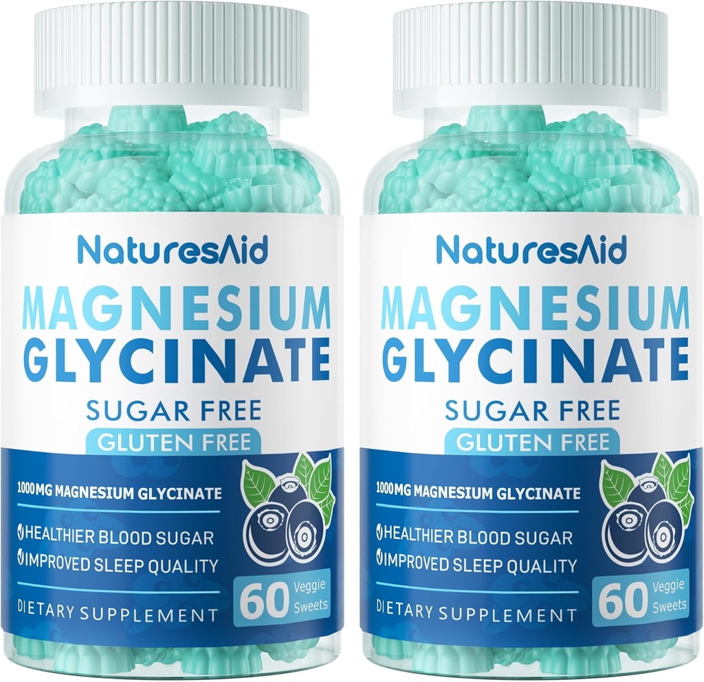 Magnesium Glycinate Gummies 1000mg - Zuckerfreie Magnesium Kalium-Ergänzung mit Vitamin D, B6, CoQ10 für ruhige Stimmung & Schlaf-Unterstützung - 120 Blueberry Gummies -2 Pack