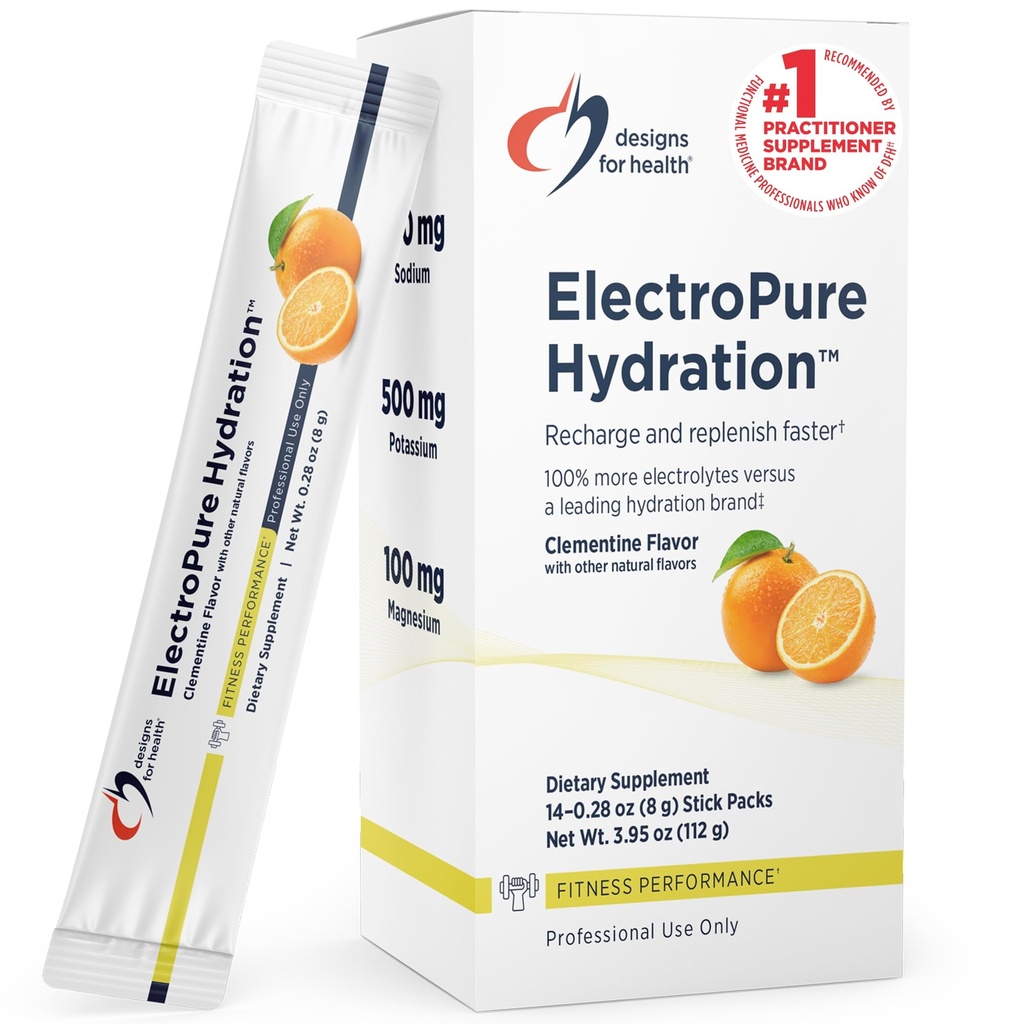 Designs for Health ElectroPure Hydration Packets, Clementine Flavor - Electrolytes Powder with Vitamin C, Magnesium, Zinc, and Potassium - with Stevia and Monk Fruit Sweetener (14 Stick Packets)