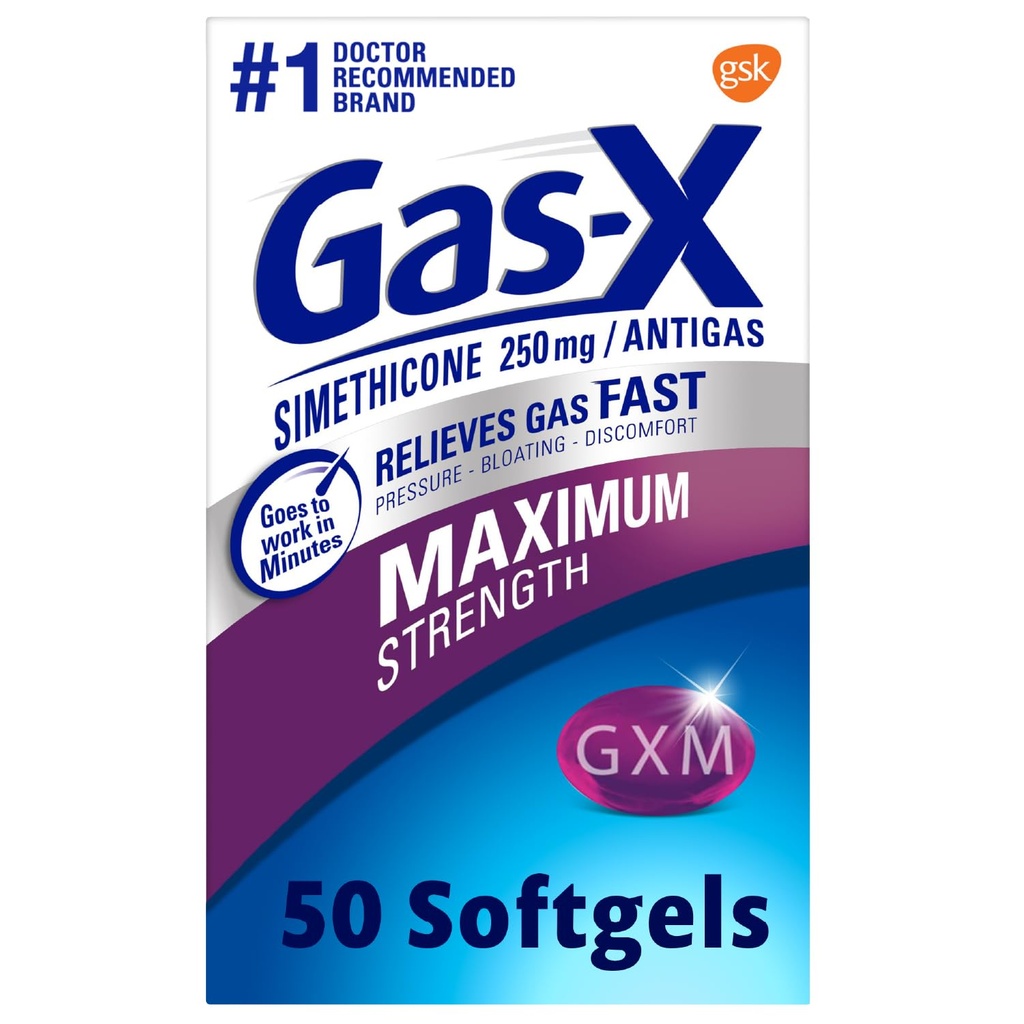 Gas-X Maximum Strength Gas Relief Softgels mit Simethicone 250 mg für Bloating Relief - 50 Count