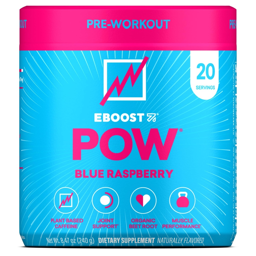 EBOOST POW Natural Pre Workout Powder – 20 Portionen - Blue Raspberry - Eine PreWorkout-Ergänzung für Performance, Joint Mobility Support, Energy - Männer und Frauen - Non-GMO, Gluten-Free, No Creatine