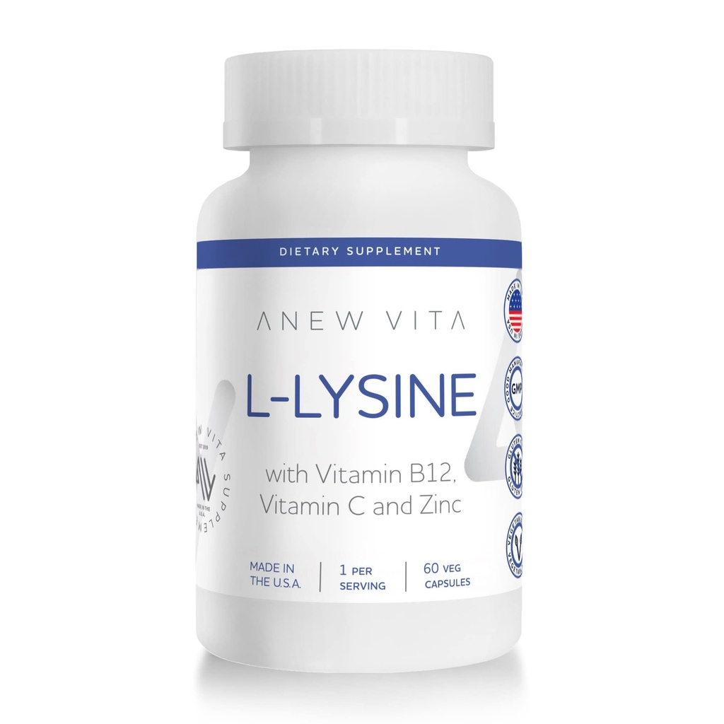 Supplément L-Lysine avec vitamine B12 + C + zinc pour la santé des lèvres, des bouches et des tissus oraux - Soutien amélioré du bien-être - Non-OGM, sans gluten - Fabriqué aux États-Unis - 60 capsules végétales, 500mg