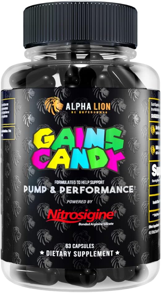 ALPHA LION Gains Candy, Ergänzung Pillen für Muskelpumpe & Blutfluss, Nitric Oxid Booster, unterstützt Mental Fokus, Verwenden Sie täglich Workout Performance, 63 Kapseln (Nitrosigine)