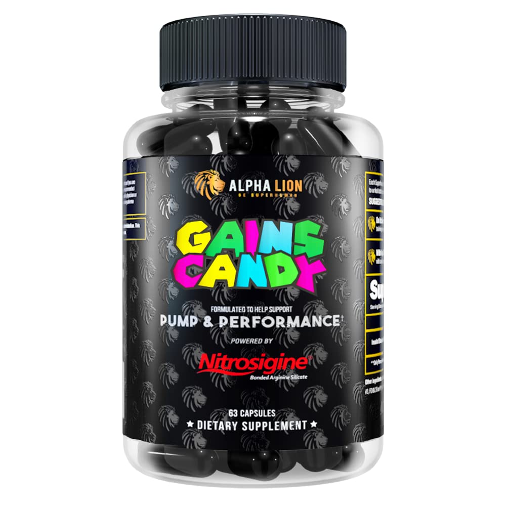 ALPHA LION gagne Candy, pilules supplémentaires pour la pompe musculaire et le flux sanguin, booster d'oxyde nitrique, soutient la concentration mentale, utiliser quotidiennement pour améliorer la performance d'entraînement, 63 capsules (Nitrosigine)