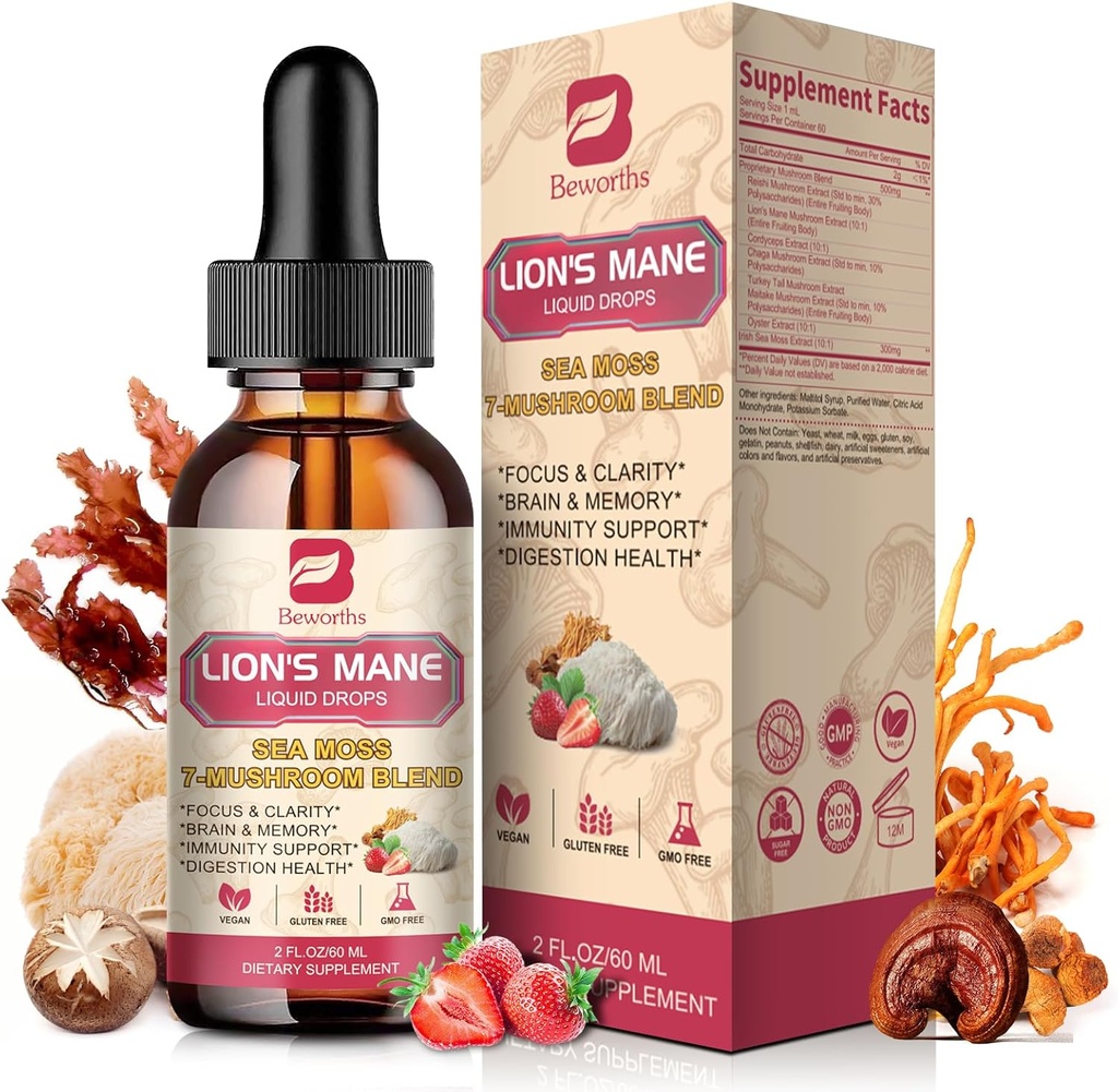 Pilz Complex Liquid Drop, 8 in 1 Lions Mane Mushroom Supplement mit Irish Sea Moss, Chaga, Türkei Tail, Cordyceps &amp; Mehr für Gehirn, Fokus, Kognitive & Immununterstützung, Vegan, Strawberry Flavor, 60mL
