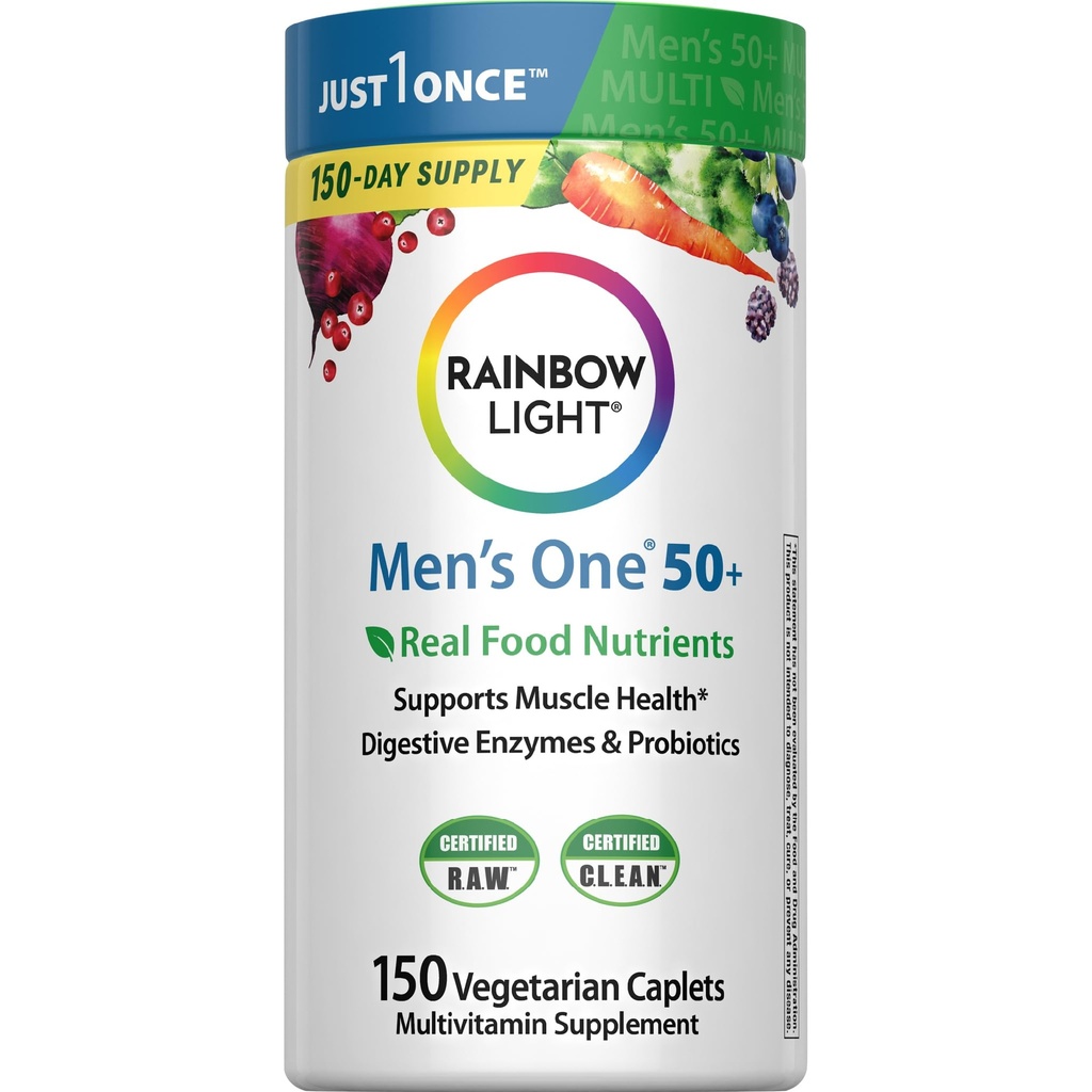 Multivitamine de lumière arc-en-ciel pour les hommes 50+, Vitamine C, D & Zinc, Probiotiques, Homme 50+ Multivitamine fournit un soutien immunitaire haute puissance, non-OGM, végétarien, 150 comprimés
