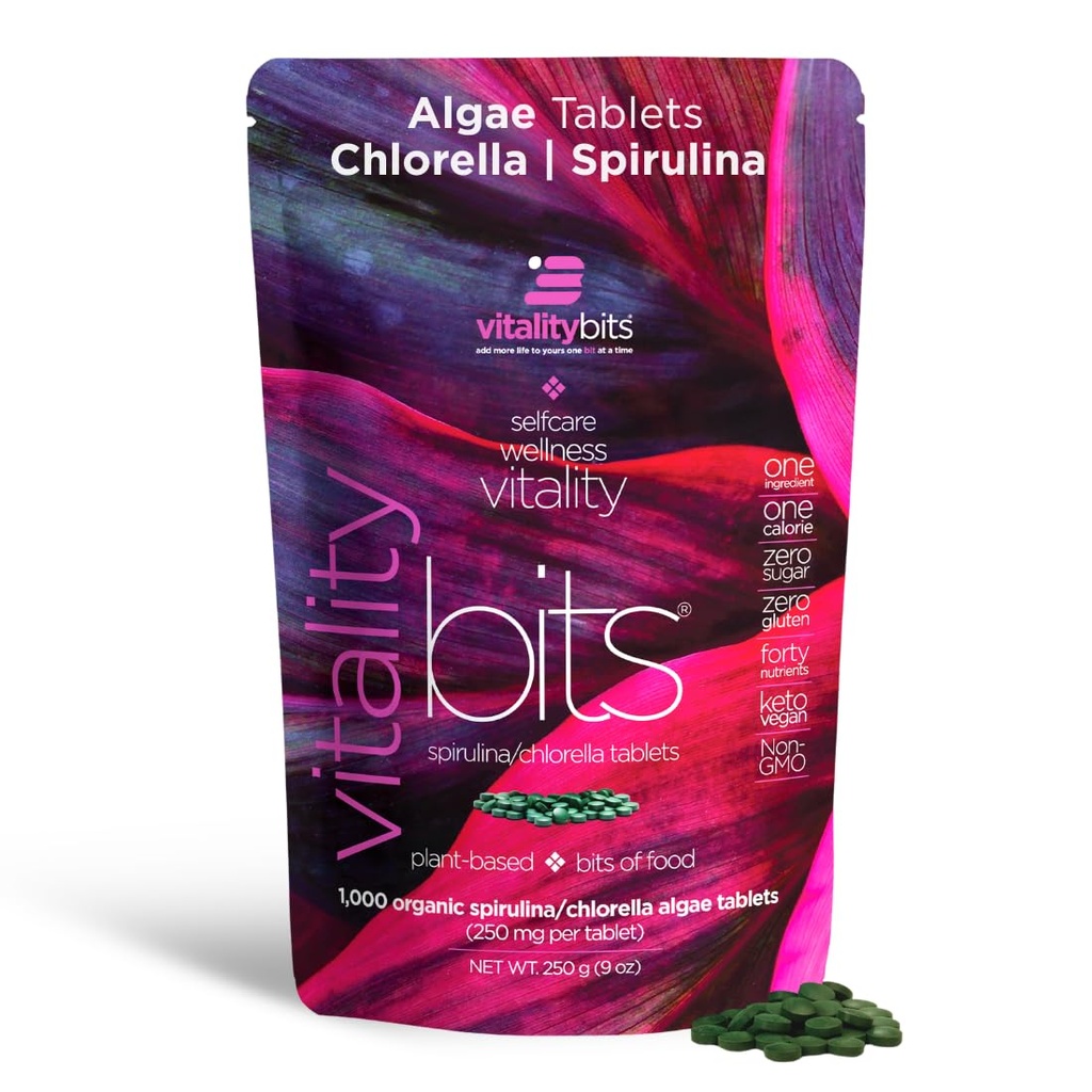 VITALITYbits - Organic Blended Spirulina & Chlorella Tablets - Algae Superfood - Energie, Selbstversorgung, Schönheit - Ersetzen Greens, Supplements, Proteine, Snacks - Vegan, Keto, Glutenfrei - 1000 Tabletten Tasche