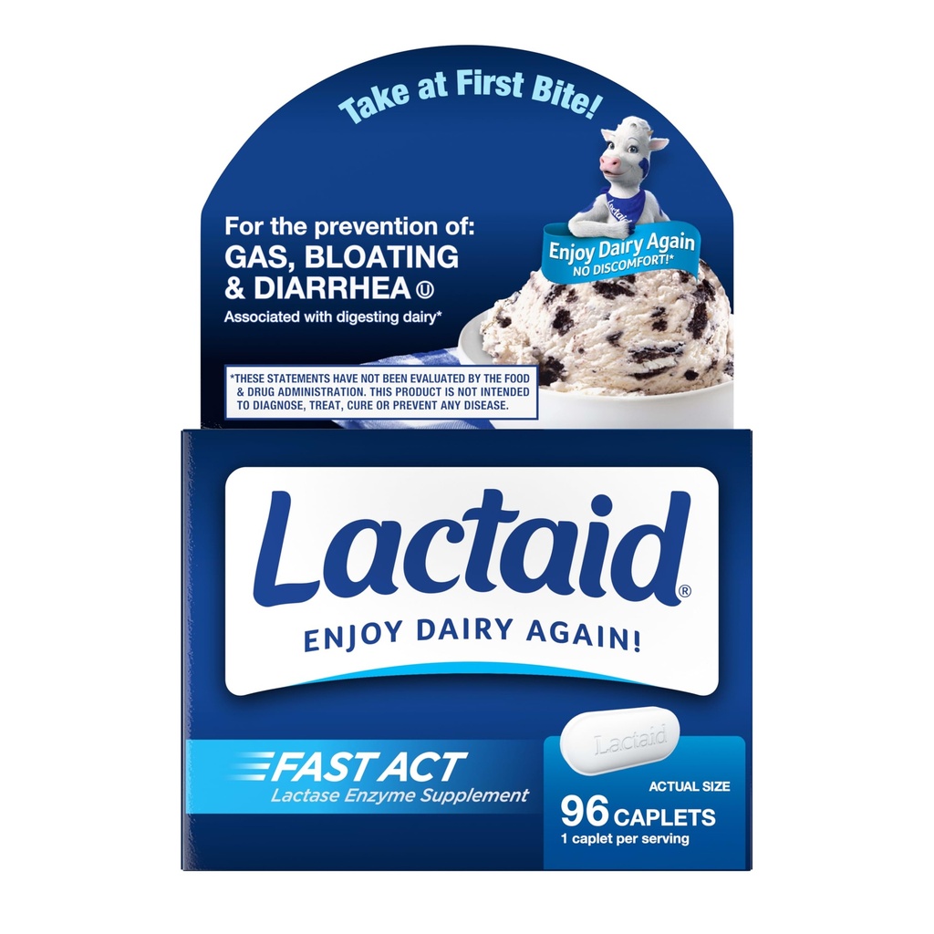 Lactaid Fast Act Lactose Intolerance Caplets mit Lactase Enzyme, Dairy Relief von Gas, Bloating & Durchfall, 9000 FCC Lactose Intolerance Pillen, 96 Individual Travel On-The-Go Packs (96 x 1 ct)