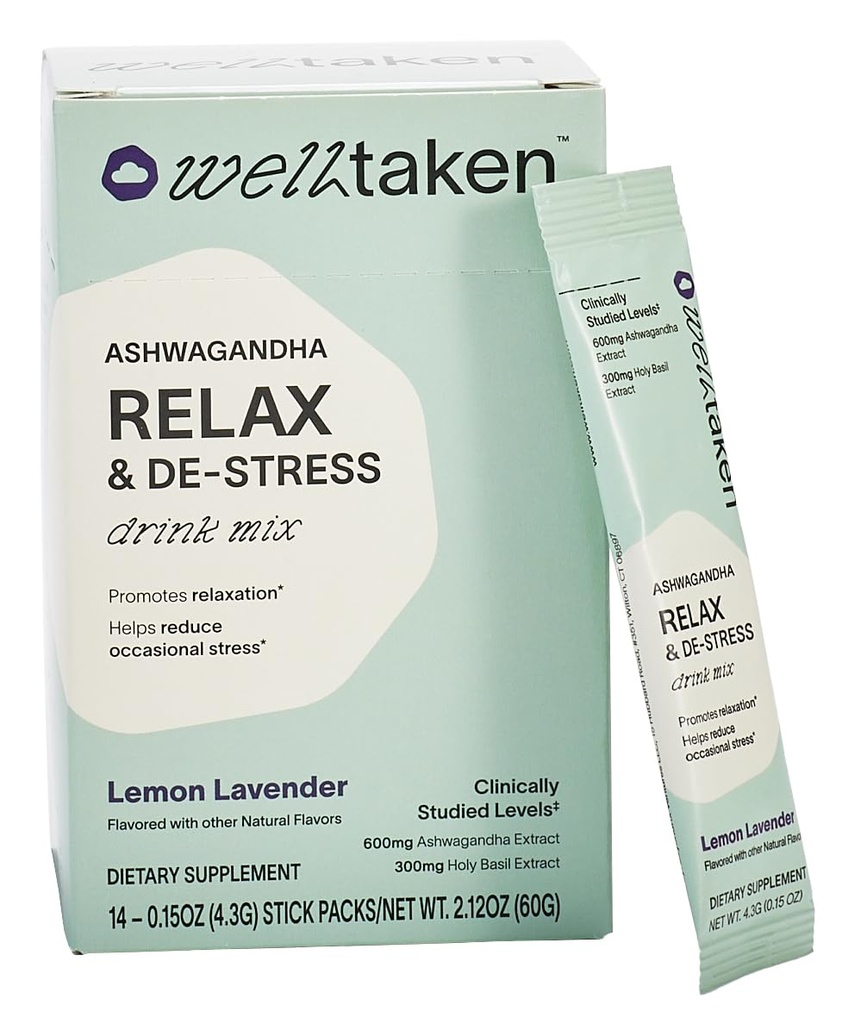 Ashwagandha Relax & De-Stress Powder - Lemon Lavender 14ct Box - 600mg Ashwagandha, 200mg L-Theanin, Heilige Basilikum – Unterstützt Stress, Entspannung – Vegan, kein hinzugefügter Zucker - 14 Servierungen